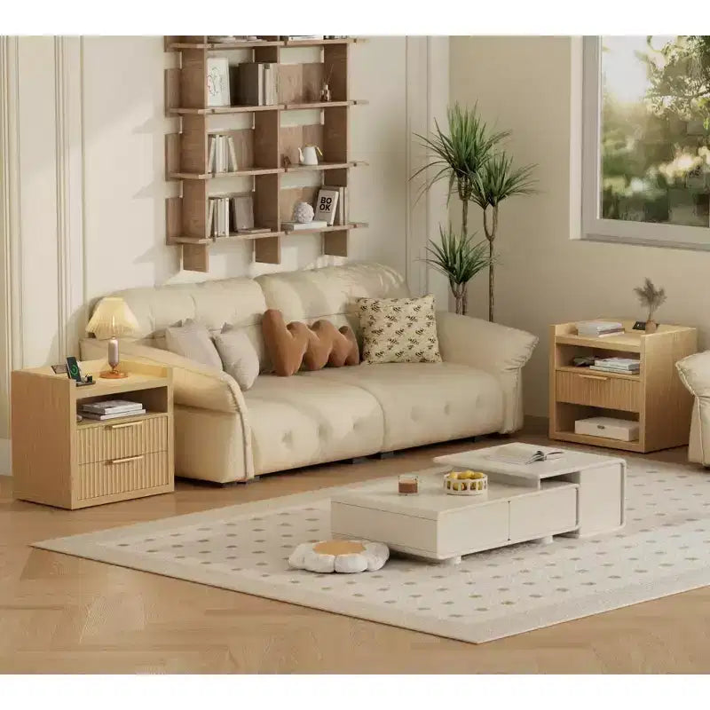 Natural Fluted End Table With Charging Station USB Ports 24 Inch Wide Nightstand 2 Drawers Wood Bedside Table Modern Storage Cabinet Living Room