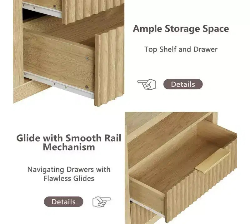 Natural Fluted End Table With Charging Station USB Ports 24 Inch Wide Nightstand 2 Drawers Wood Bedside Table Modern Storage Cabinet Living Room