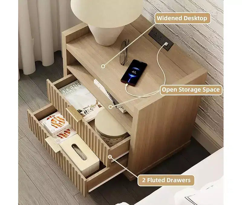 Natural Fluted End Table With Charging Station USB Ports 24 Inch Wide Nightstand 2 Drawers Wood Bedside Table Modern Storage Cabinet Living Room