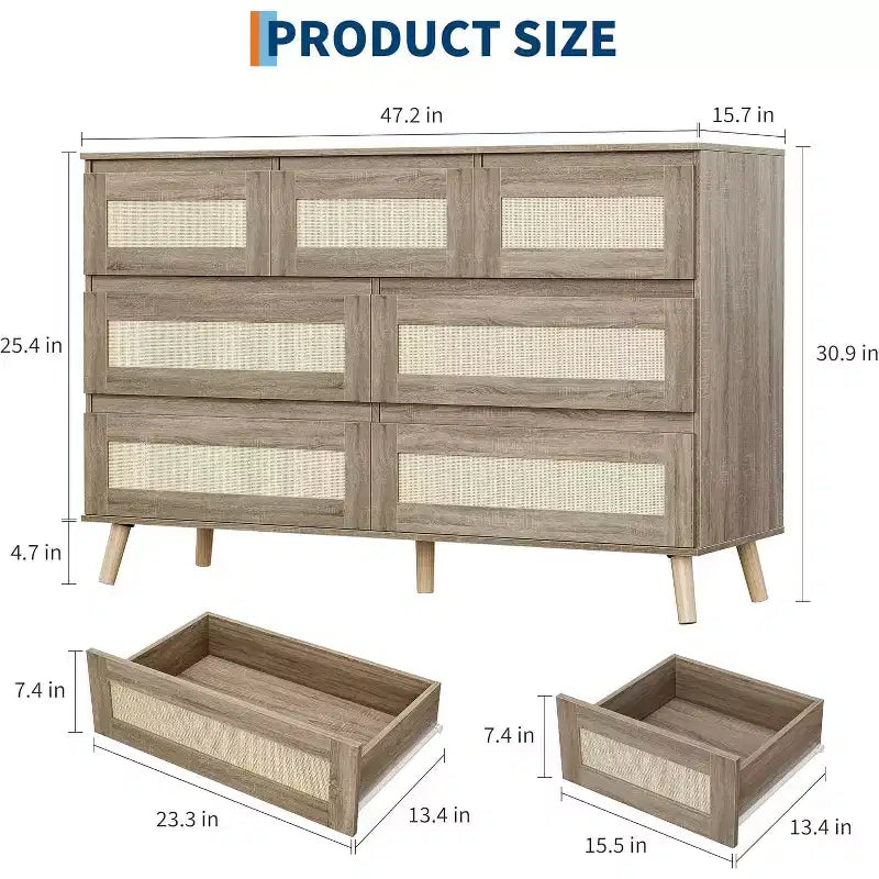 47.2 Inch Wide Rattan 7-Drawer Dresser, Natural Finish with Wood Tone Legs, Multi-Use Storage Organizer for Living Room Closet Nursery