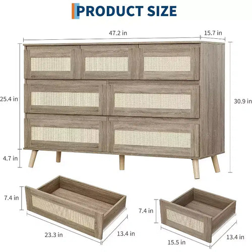 47.2 Inch Wide Rattan 7-Drawer Dresser, Natural Finish with Wood Tone Legs, Multi-Use Storage Organizer for Living Room Closet Nursery