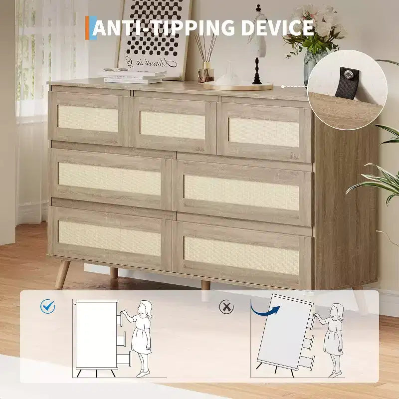 47.2 Inch Wide Rattan 7-Drawer Dresser, Natural Finish with Wood Tone Legs, Multi-Use Storage Organizer for Living Room Closet Nursery