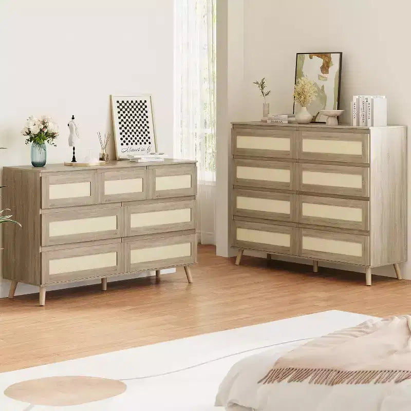 47.2 Inch Wide Rattan 7-Drawer Dresser, Natural Finish with Wood Tone Legs, Multi-Use Storage Organizer for Living Room Closet Nursery