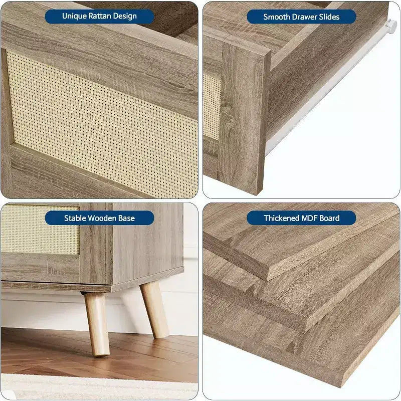 47.2 Inch Wide Rattan 7-Drawer Dresser, Natural Finish with Wood Tone Legs, Multi-Use Storage Organizer for Living Room Closet Nursery