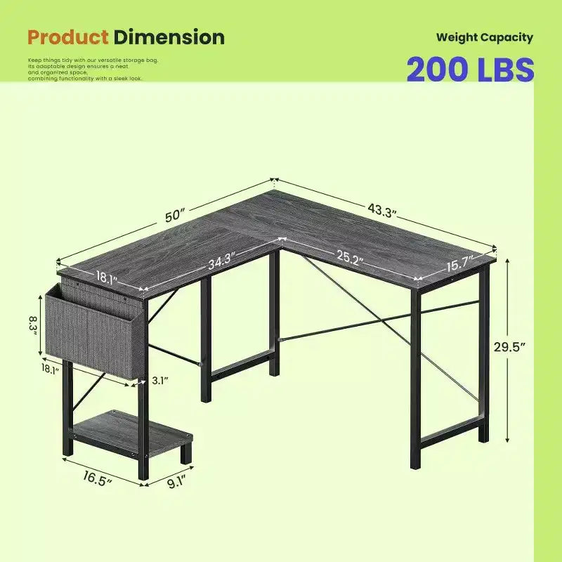 TUYOHW L Shaped Gaming Desk,Metal Frame Corner Desk with CPU Stand & Side Storage,Waterproof Desktop for Home Office