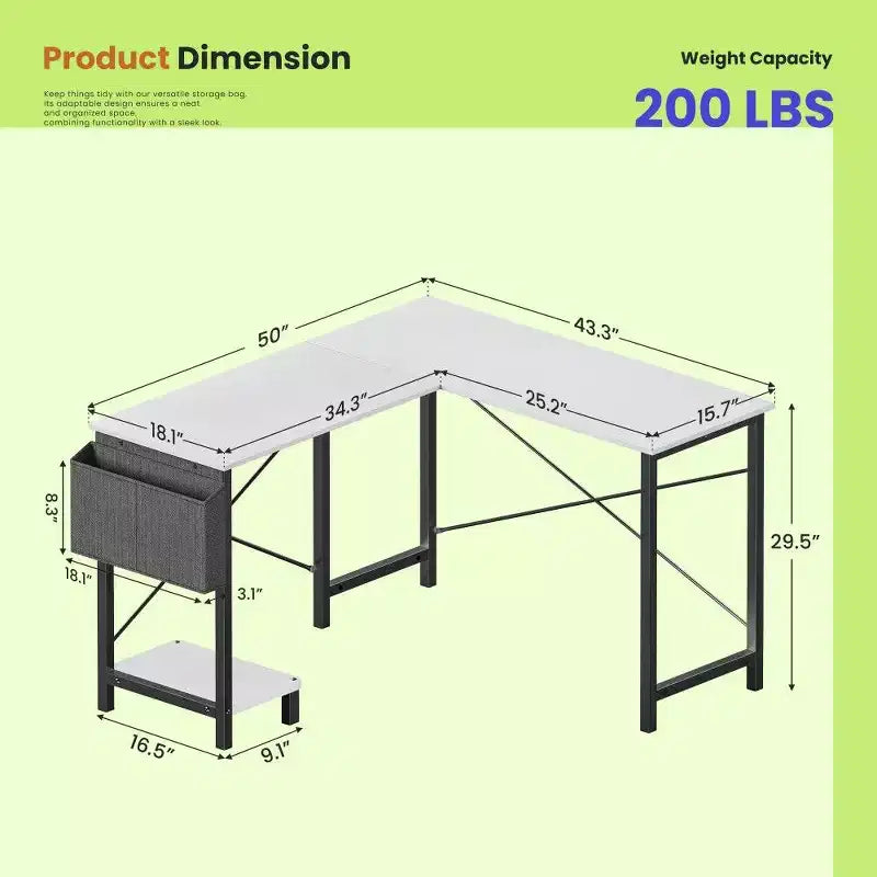 TUYOHW L Shaped Gaming Desk,Metal Frame Corner Desk with CPU Stand & Side Storage,Waterproof Desktop for Home Office