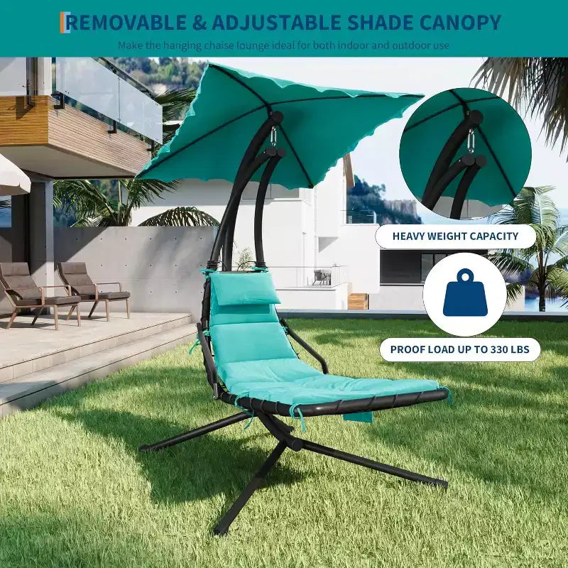 Acekool Hanging Chaise Lounge Swing Chair, Curved Hammock Lounger with Canopy for Outdoor & Indoor, Patio, Garden, Red/Green/Gray
