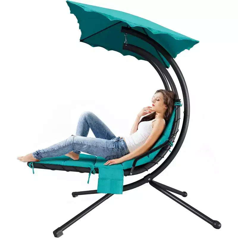 Acekool Hanging Chaise Lounge Swing Chair, Curved Hammock Lounger with Canopy for Outdoor & Indoor, Patio, Garden, Red/Green/Gray