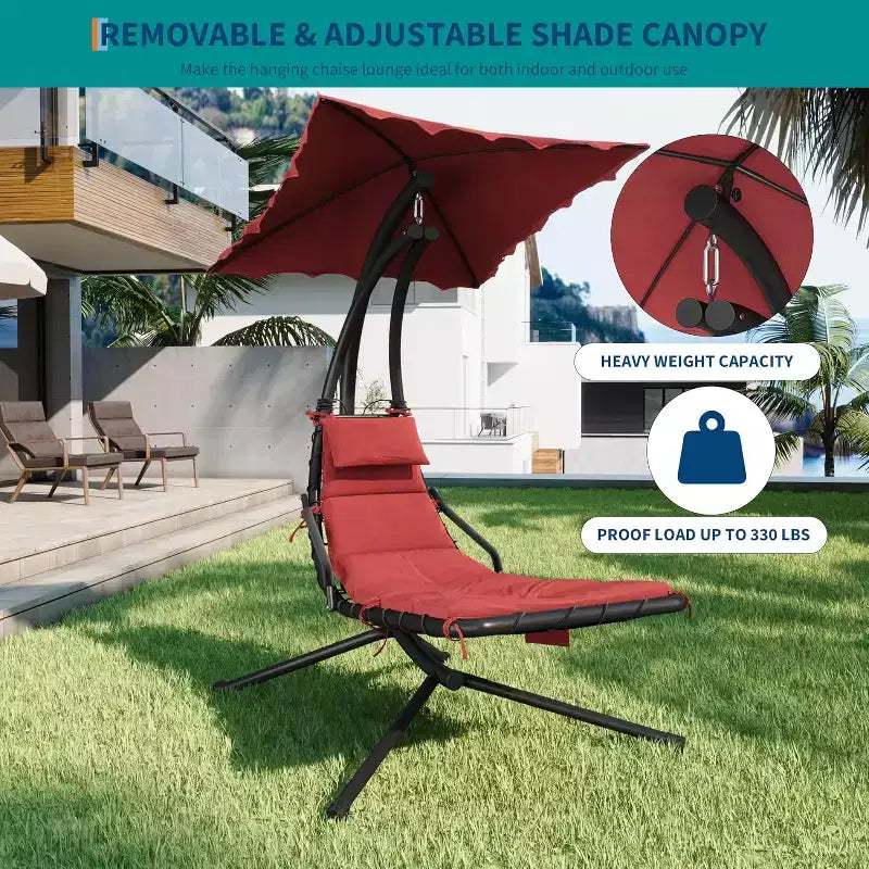Acekool Hanging Chaise Lounge Swing Chair, Curved Hammock Lounger with Canopy for Outdoor & Indoor, Patio, Garden, Red/Green/Gray