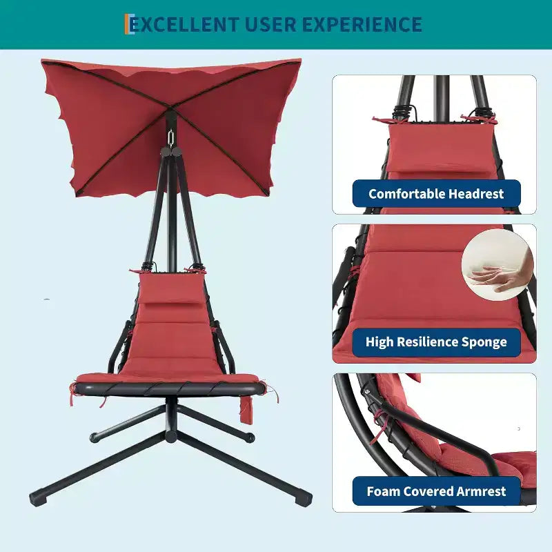 Acekool Hanging Chaise Lounge Swing Chair, Curved Hammock Lounger with Canopy for Outdoor & Indoor, Patio, Garden, Red/Green/Gray