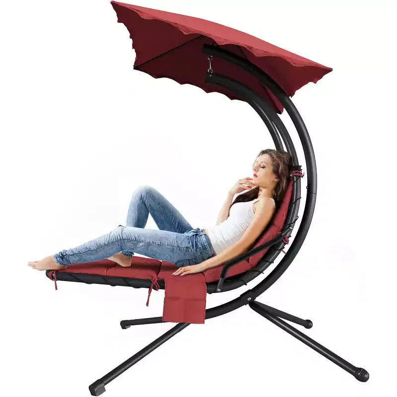 Acekool Hanging Chaise Lounge Swing Chair, Curved Hammock Lounger with Canopy for Outdoor & Indoor, Patio, Garden, Red/Green/Gray