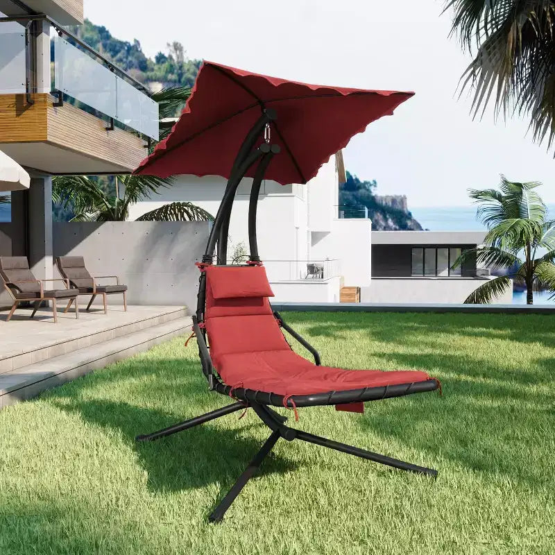 Acekool Hanging Chaise Lounge Swing Chair, Curved Hammock Lounger with Canopy for Outdoor & Indoor, Patio, Garden, Red/Green/Gray