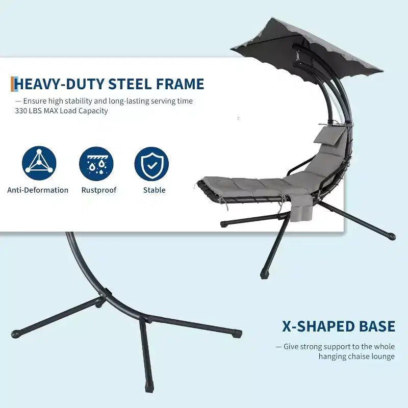 Acekool Hanging Chaise Lounge Swing Chair, Curved Hammock Lounger with Canopy for Outdoor & Indoor, Patio, Garden, Red/Green/Gray
