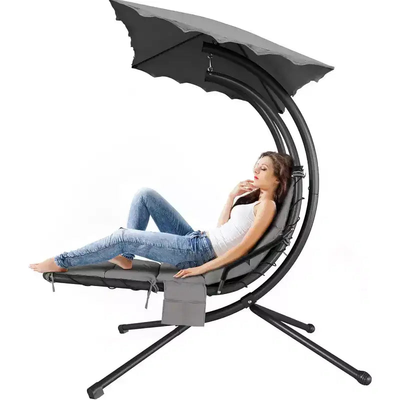 Acekool Hanging Chaise Lounge Swing Chair, Curved Hammock Lounger with Canopy for Outdoor & Indoor, Patio, Garden, Red/Green/Gray