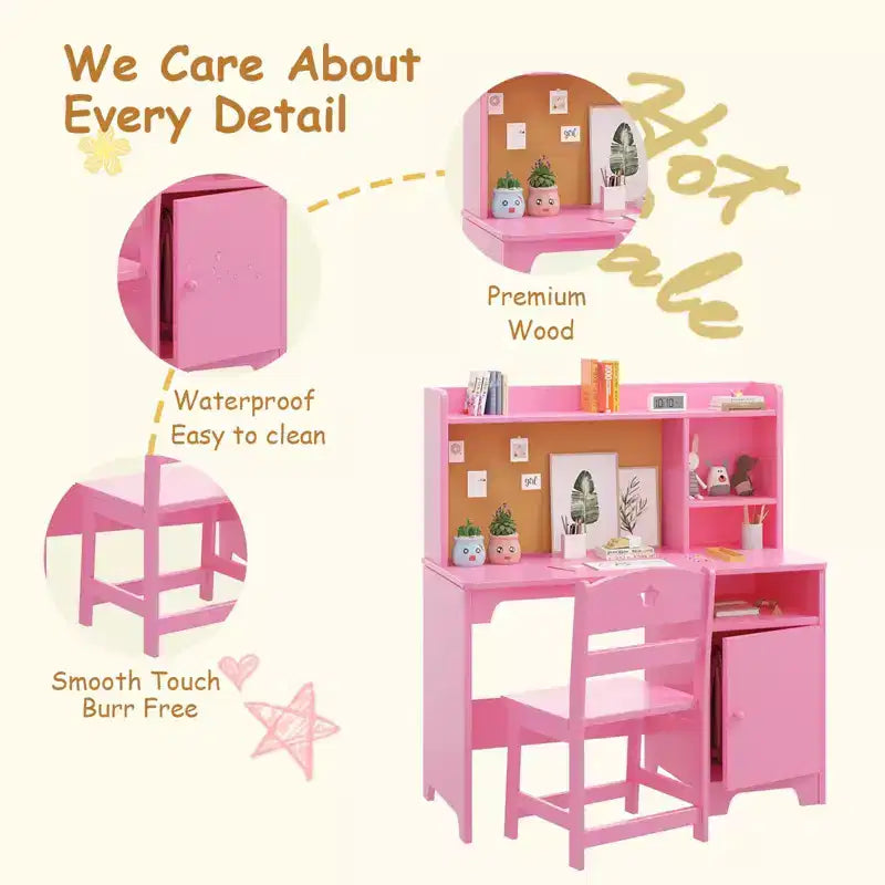 Kids Study Desk & Chair Set with StorageToddler Ergonomic Children's Learning Table with Bookshelf & Organizer - Engineered Wood Construction