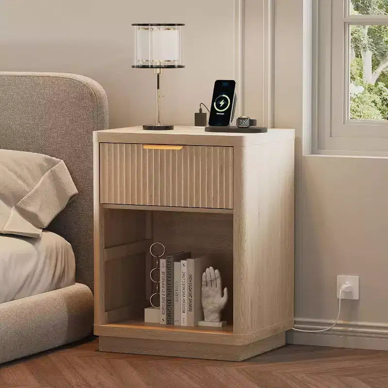 Fluted Farmhouse Night Stand, Fluted Nightstand Bedroom with Drawers, Modern Mid Century Bedside Table with Metal Handle