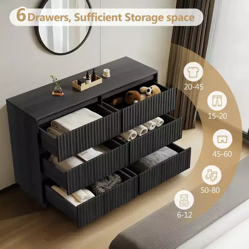 KOLIGEY 6-Drawer Dresser 47W Double Dresser With Waveform Fluted Panel