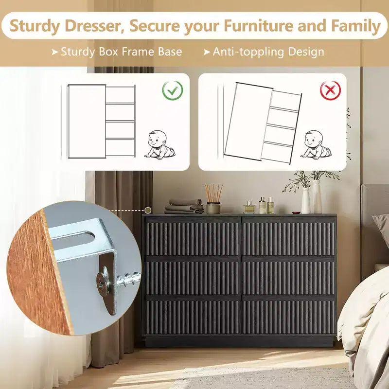 KOLIGEY 6-Drawer Dresser 47W Double Dresser With Waveform Fluted Panel