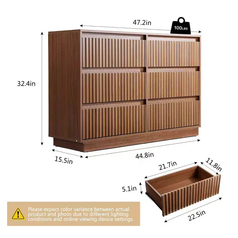 KOLIGEY 6-Drawer Dresser 47W Double Dresser With Waveform Fluted Panel