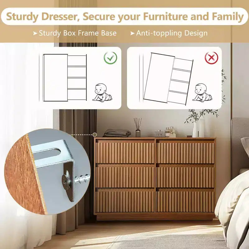 KOLIGEY 6-Drawer Dresser 47W Double Dresser With Waveform Fluted Panel