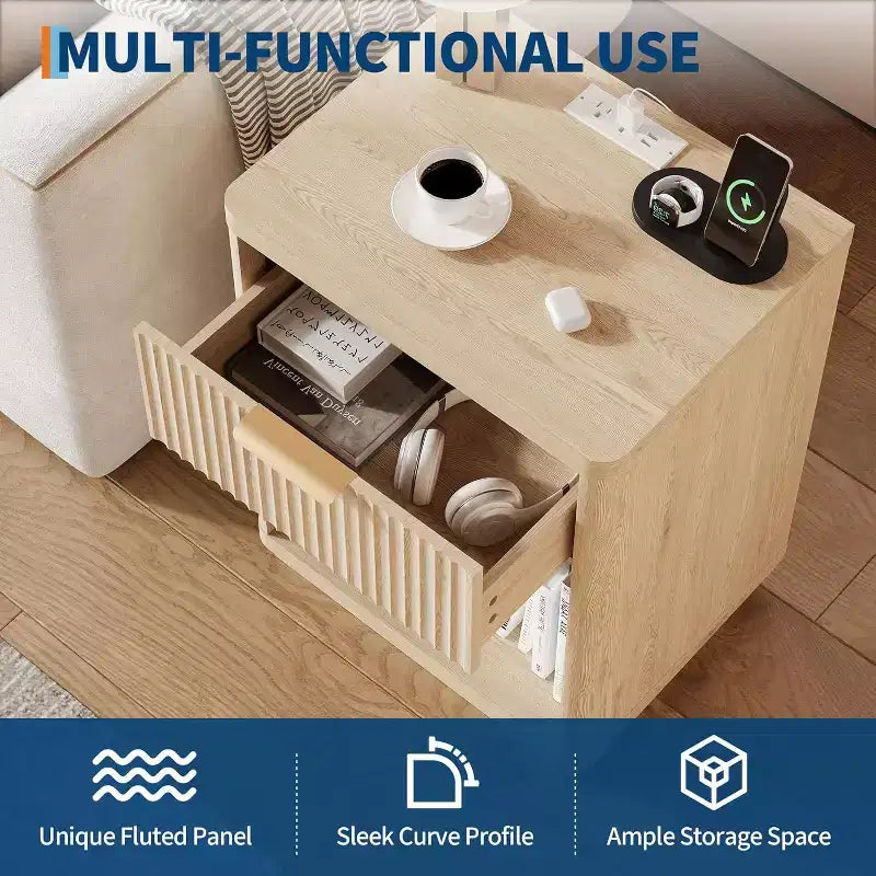 Acekool Fluted Farmhouse Nightstand with Charging Station & Drawer, Bedside Table, Natural Wood