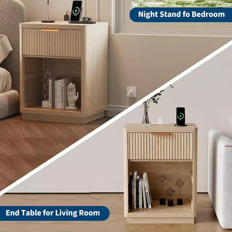 Acekool Fluted Farmhouse Nightstand with Charging Station & Drawer, Bedside Table, Natural Wood