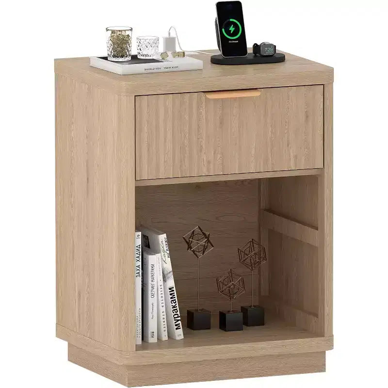 Acekool Fluted Farmhouse Nightstand with Charging Station & Drawer, Bedside Table, Natural Wood