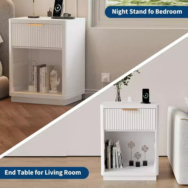 Acekool Fluted Farmhouse Nightstand with Charging Station & Drawer, Bedside Table, Natural Wood