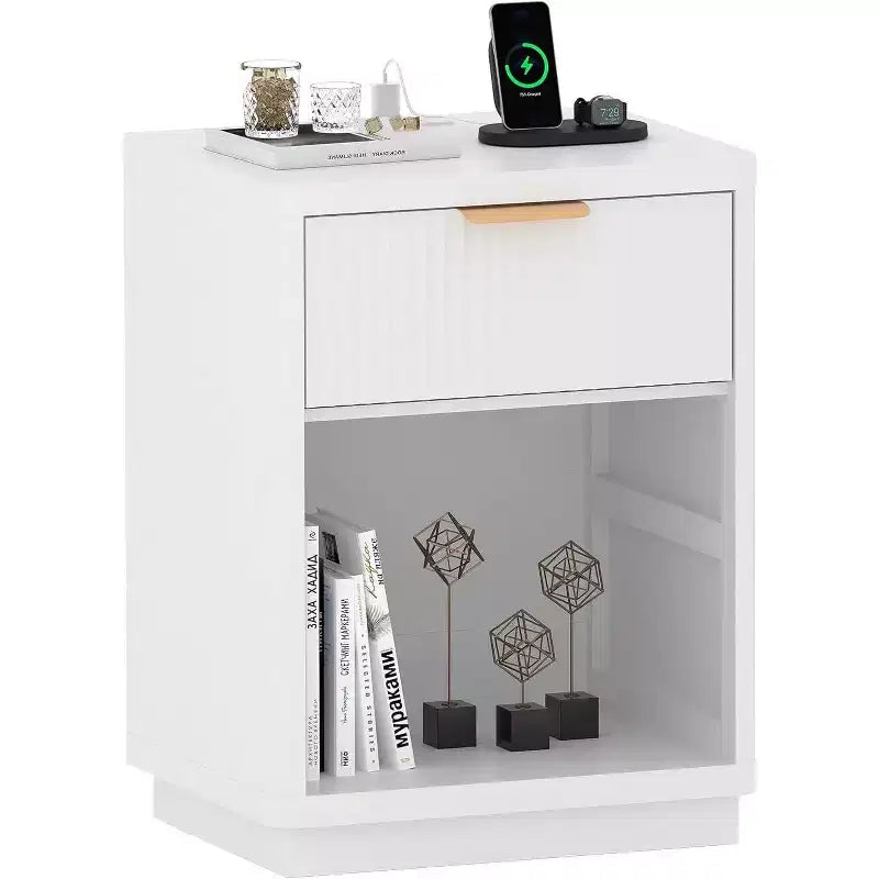 Acekool Fluted Farmhouse Nightstand with Charging Station & Drawer, Bedside Table, Natural Wood