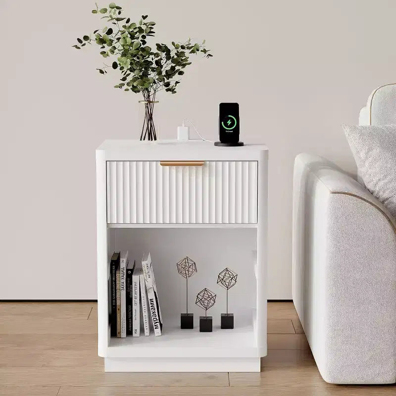 Acekool Fluted Farmhouse Nightstand with Charging Station & Drawer, Bedside Table, Natural Wood