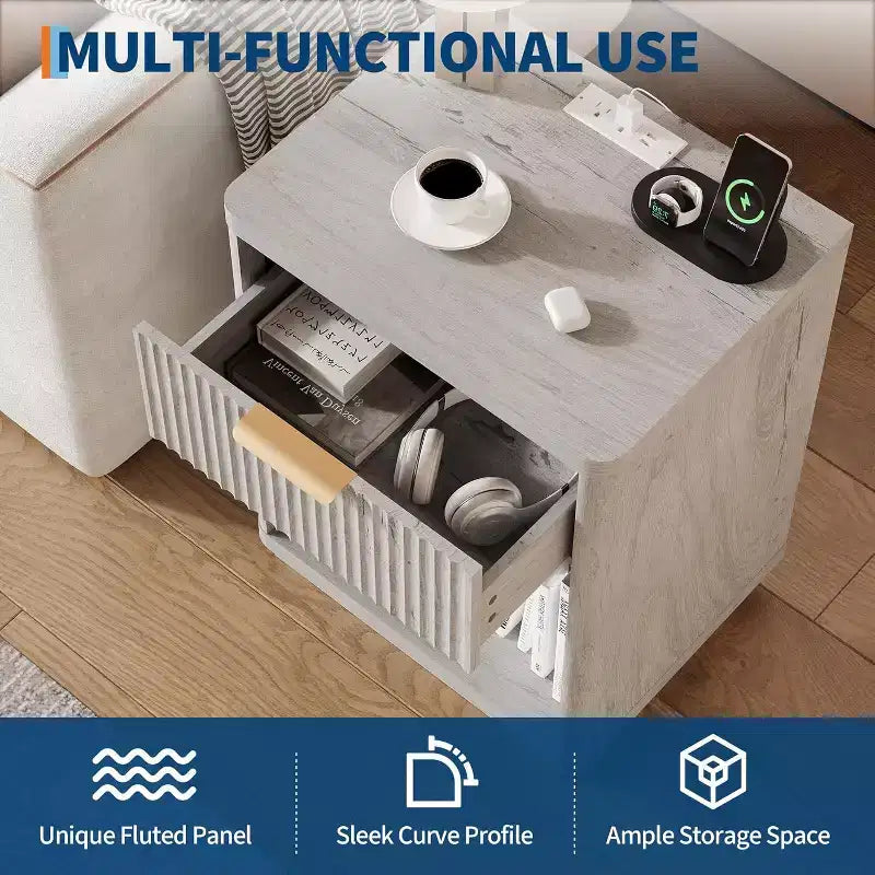 Acekool Fluted Farmhouse Nightstand with Charging Station & Drawer, Bedside Table, Natural Wood