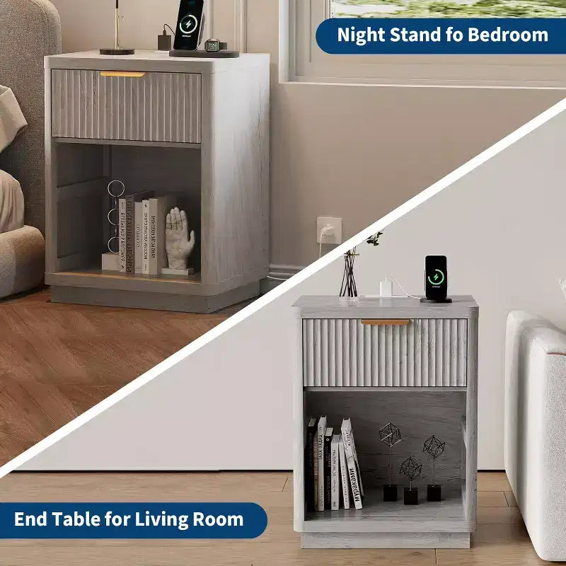 Acekool Fluted Farmhouse Nightstand with Charging Station & Drawer, Bedside Table, Natural Wood