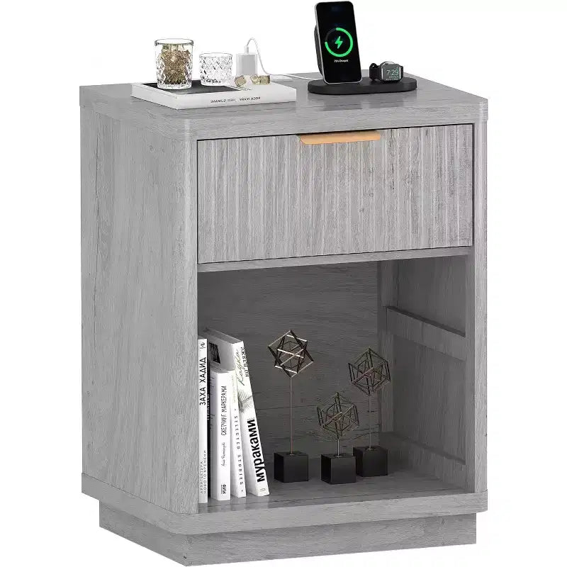 Acekool Fluted Farmhouse Nightstand with Charging Station & Drawer, Bedside Table, Natural Wood