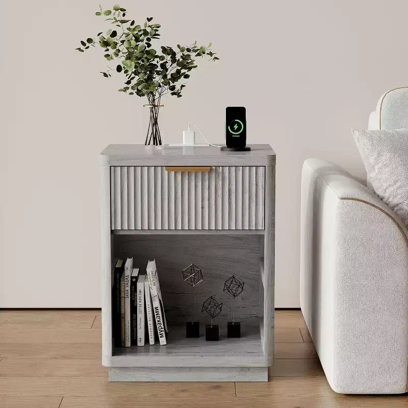 Acekool Fluted Farmhouse Nightstand with Charging Station & Drawer, Bedside Table, Natural Wood