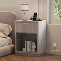 Acekool Fluted Farmhouse Nightstand with Charging Station & Drawer, Bedside Table, Natural Wood