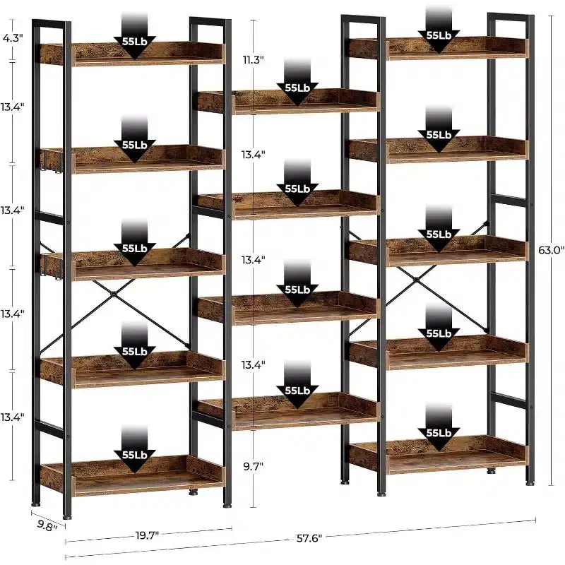 3 Sets of 5-layer Bookshelves, Open Display Racks and Metal-framed Industrial Wide Bookshelves, Suitable for Various Scenarios.