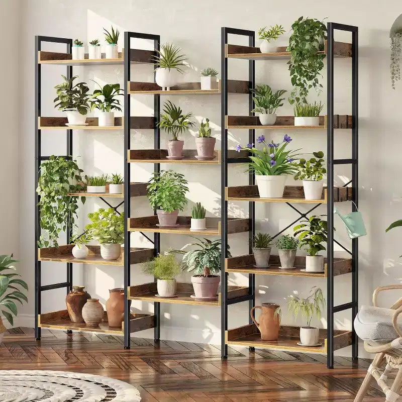 3 Sets of 5-layer Bookshelves, Open Display Racks and Metal-framed Industrial Wide Bookshelves, Suitable for Various Scenarios.