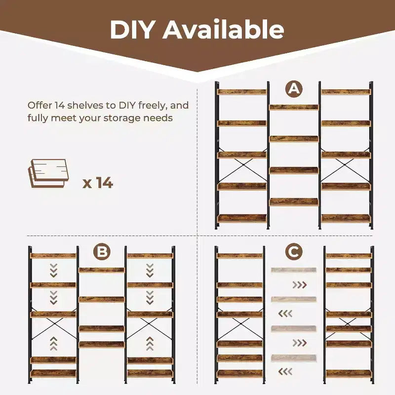 3 Sets of 5-layer Bookshelves, Open Display Racks and Metal-framed Industrial Wide Bookshelves, Suitable for Various Scenarios.