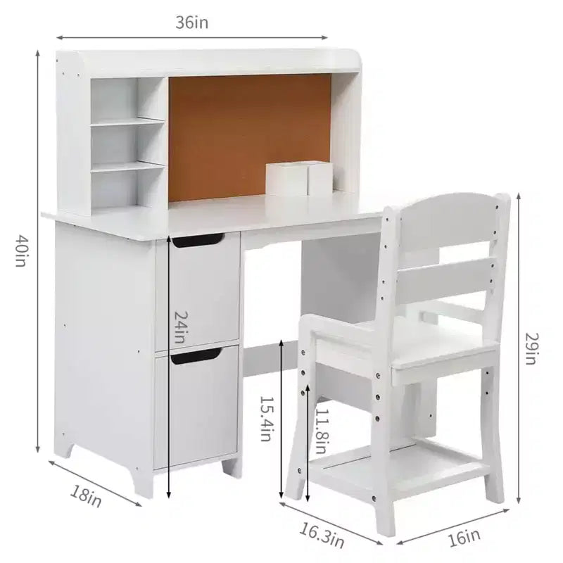GustoWave Kids Desk and Chair Set with Bookshelf & Cork Board, Wooden Study Table with Storage for Children Ages 3-8, White