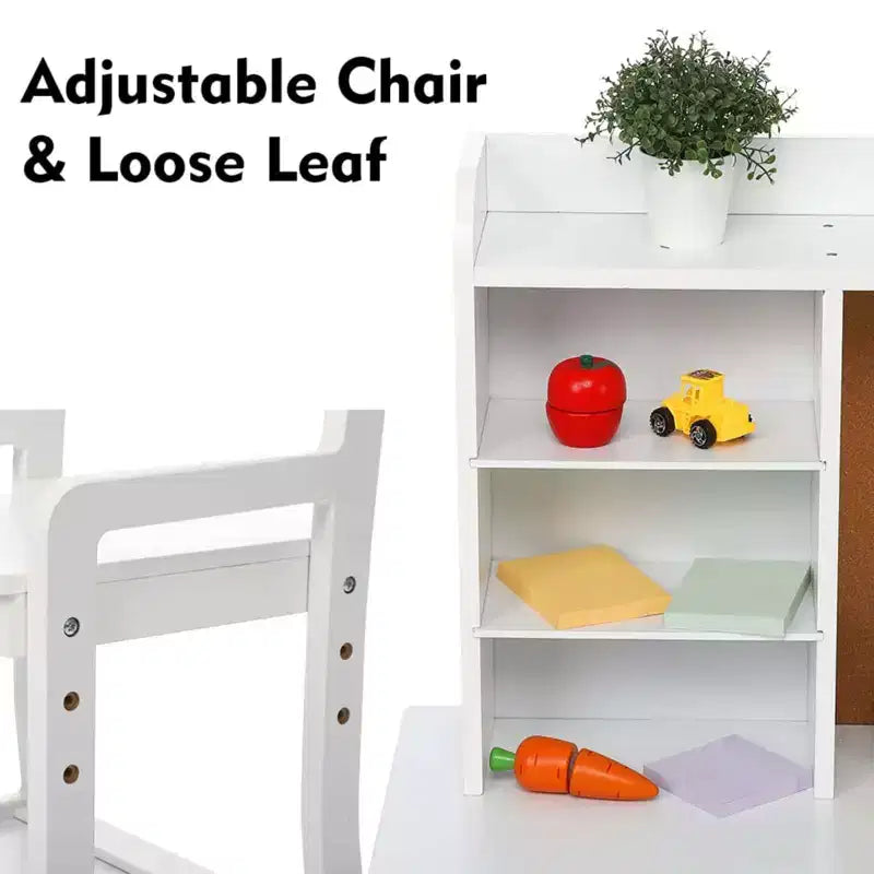 GustoWave Kids Desk and Chair Set with Bookshelf & Cork Board, Wooden Study Table with Storage for Children Ages 3-8, White