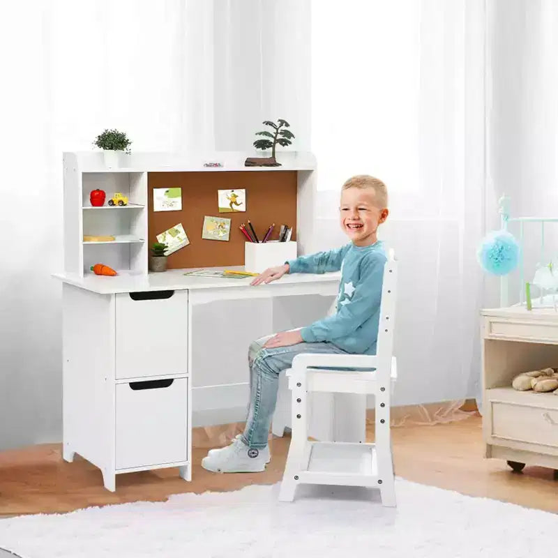 GustoWave Kids Desk and Chair Set with Bookshelf & Cork Board, Wooden Study Table with Storage for Children Ages 3-8, White