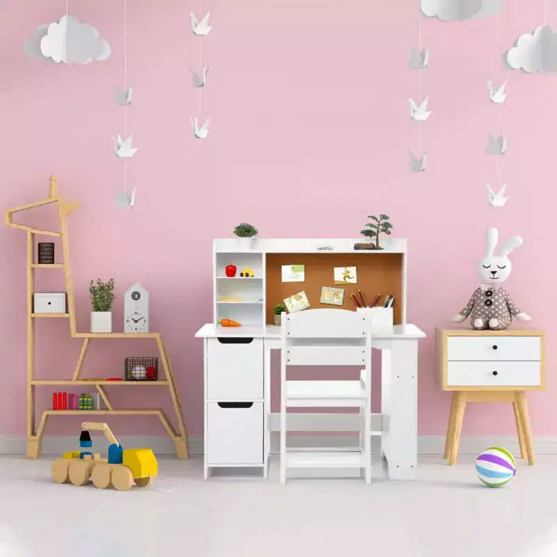 GustoWave Kids Desk and Chair Set with Bookshelf & Cork Board, Wooden Study Table with Storage for Children Ages 3-8, White