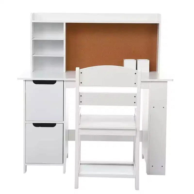 GustoWave Kids Desk and Chair Set with Bookshelf & Cork Board, Wooden Study Table with Storage for Children Ages 3-8, White