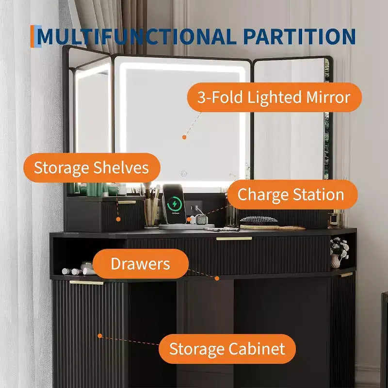 Corner Vanity Desk with 3-Fold Mirror and 3-Color Lights, Fluted Makeup Table with Charging Station, Drawers, Storage Cabinets for Bedroom