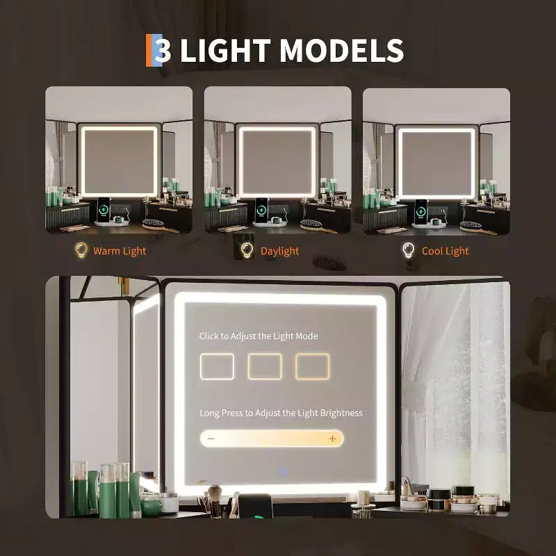 Corner Vanity Desk with 3-Fold Mirror and 3-Color Lights, Fluted Makeup Table with Charging Station, Drawers, Storage Cabinets for Bedroom