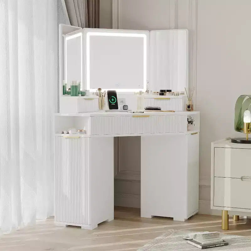 Corner Vanity Desk with 3-Fold Mirror and 3-Color Lights, Fluted Makeup Table with Charging Station, Drawers, Storage Cabinets for Bedroom