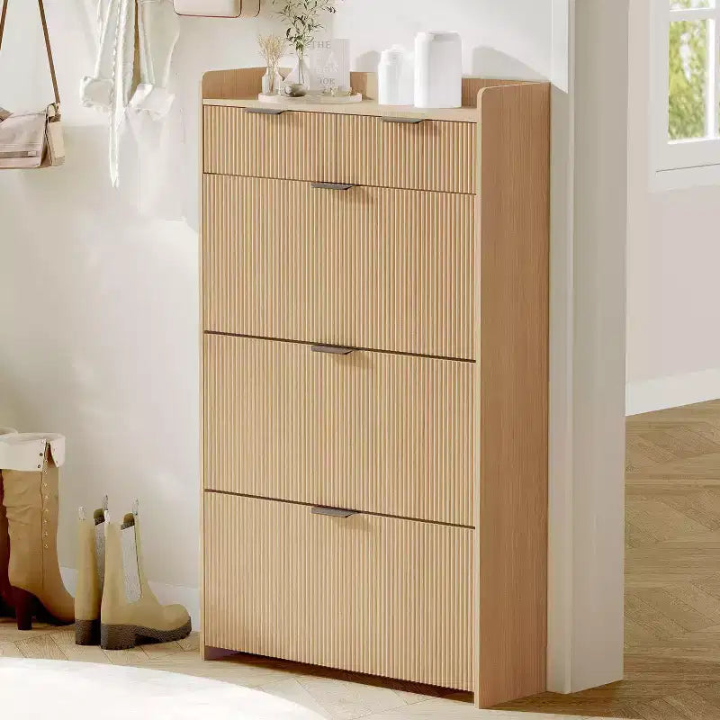 Fluted Shoe Storage Cabinet w/2 Flip Drawers, Slim Wood Shoe Organizer, Narrow Entryway Furniture w/Storage for Small Spaces, Hallway