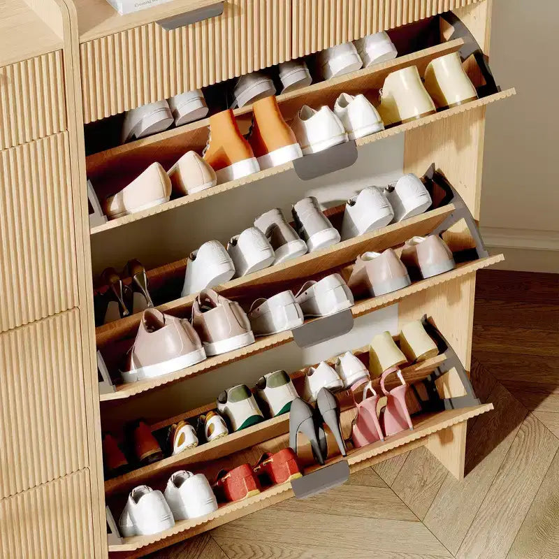 Fluted Shoe Storage Cabinet w/2 Flip Drawers, Slim Wood Shoe Organizer, Narrow Entryway Furniture w/Storage for Small Spaces, Hallway