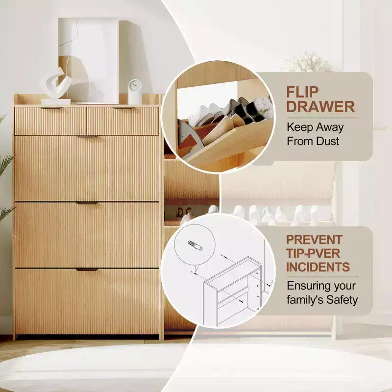 Fluted Shoe Storage Cabinet w/2 Flip Drawers, Slim Wood Shoe Organizer, Narrow Entryway Furniture w/Storage for Small Spaces, Hallway