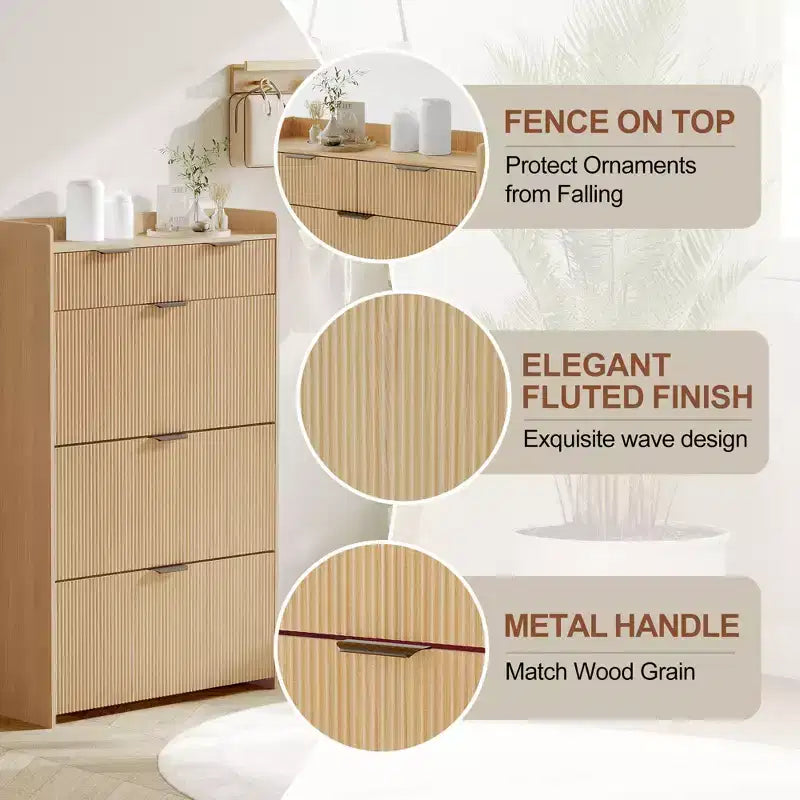 Fluted Shoe Storage Cabinet w/2 Flip Drawers, Slim Wood Shoe Organizer, Narrow Entryway Furniture w/Storage for Small Spaces, Hallway